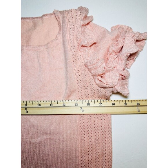 Mimi +‎ Daphne Pink Short Sleeve Ruffled Sweater Top Thin Semi Sheer Women's M - Picture 10 of 10